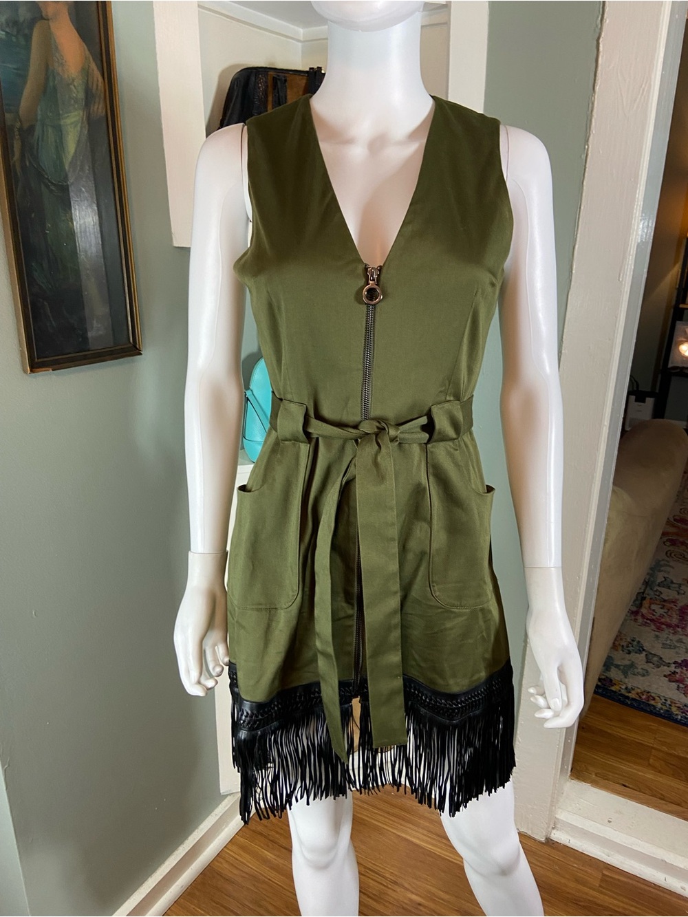 FLAWS Alexis Lottie Zipper Green Sleeveless Mini Dress Black Fringe Small [CH]